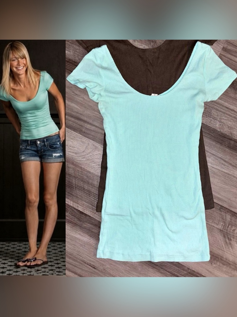 VINTAGE GARAGE!! TEAL U NECK/OFF THE SHOULDER TOP